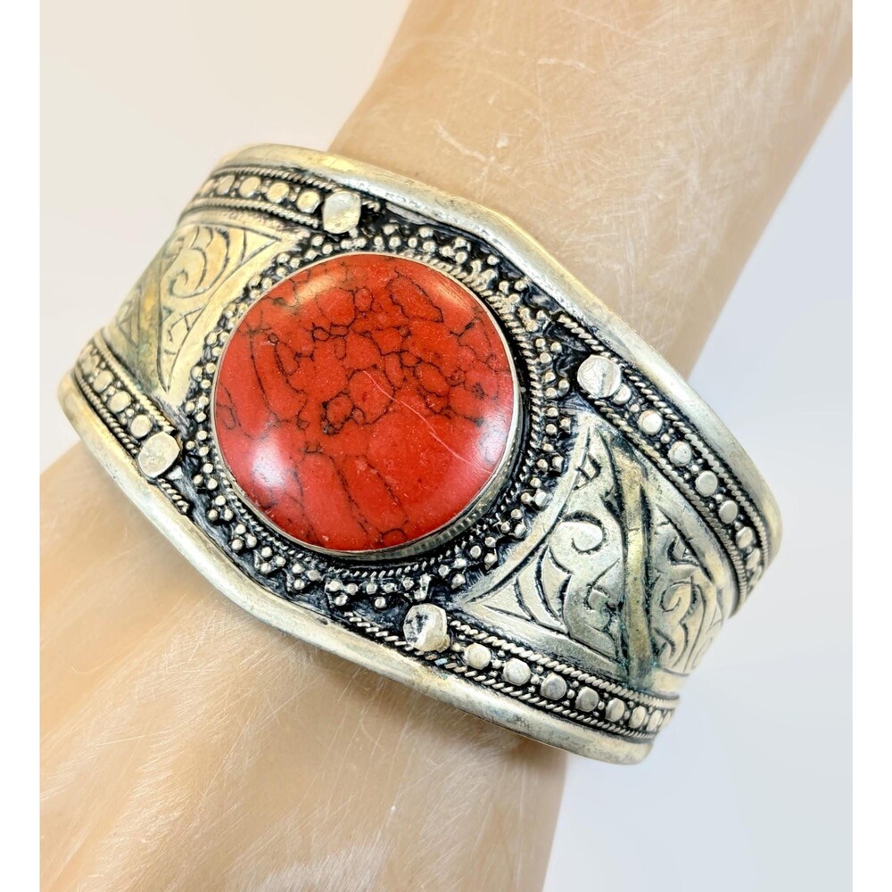 Red Bracelet, Middle Eastern, Afghan Cuff, Red Jasper, Vintage, Silver
